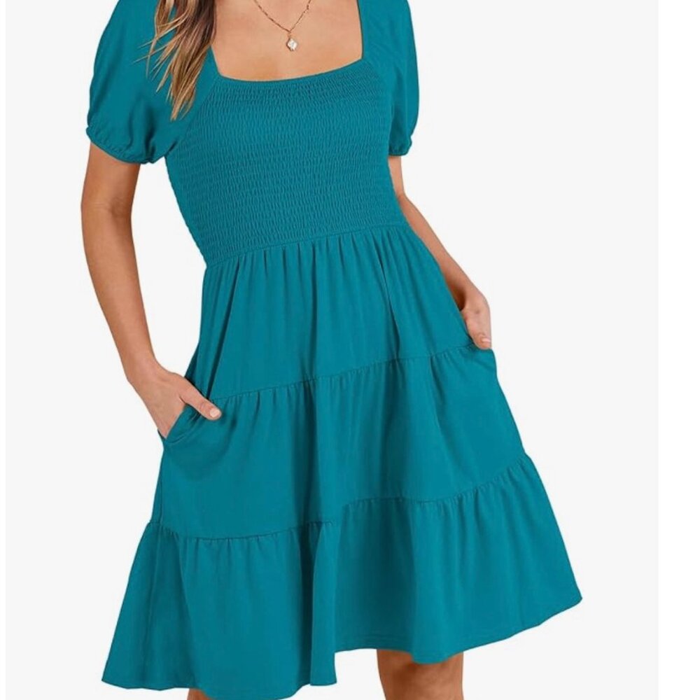 Anrabess Womens Casual Square Neck Puff Sleeve Boho Dress XL